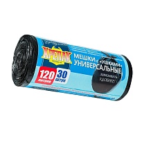 Мешки для мусора 120 л, с ушками, черные, в рулоне 30 шт., ПНД, 15 мкм, 1100х700 мм, Крепак, 4607075710375 в Тамбове